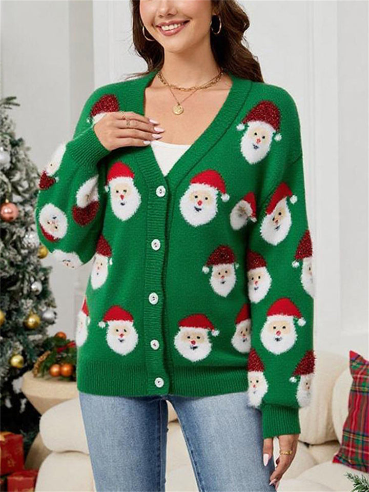Women's Autumn Pink 3D Santa Claus V Neck Cardigan Christmas Sweaters
