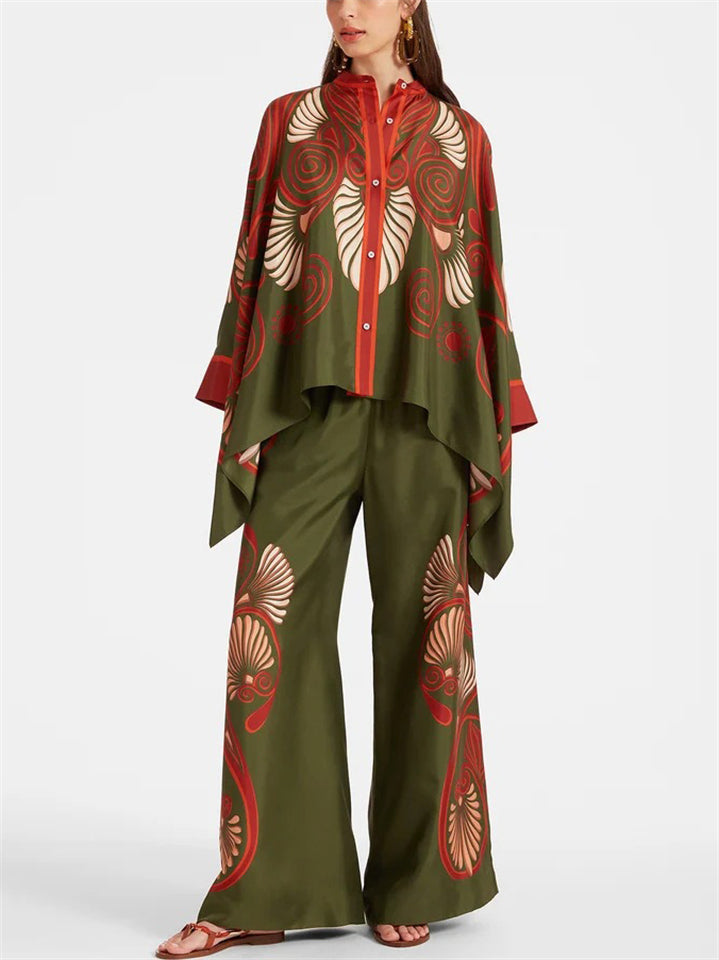 Women's 2pcs Trendy Print Irregular Blouse & Pants Set