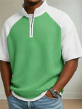 Mens Short Sleeve Quarter Zip Color Block Waffle Textured Knit Top