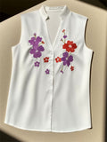 Ladies' Elegant White Flowers Printed Satin V Neck Sleeveless Blouses