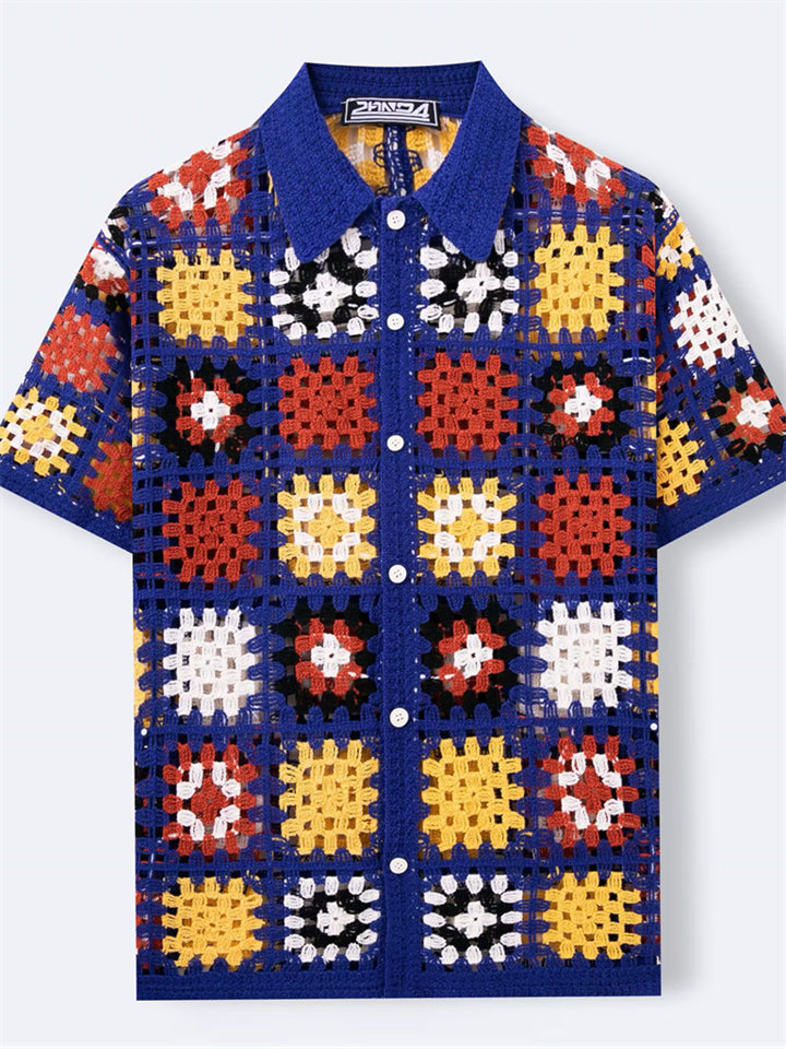 Male's Summer Retro Contrast Color Crochet Button Up Lapel Knitted Shirts