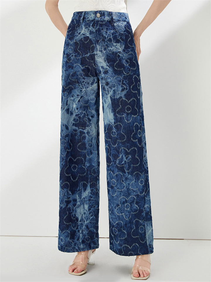 Women's Cotton Mid-Rise Gradient Wide Leg Straight Denim Pants
