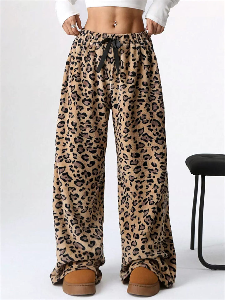 W‌inter Fleece Leopard Heart Print High Waist Wide Leg Women Casual Pants‌