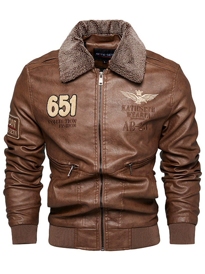 Men's Winter Fleece Lined Faux Leather Bomber Jacket with Faux Fur Collar