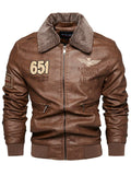 Men's Winter Fleece Lined Faux Leather Bomber Jacket with Faux Fur Collar