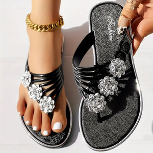 Ladies Floral Rhinestones Decoration Beach Flip-flops