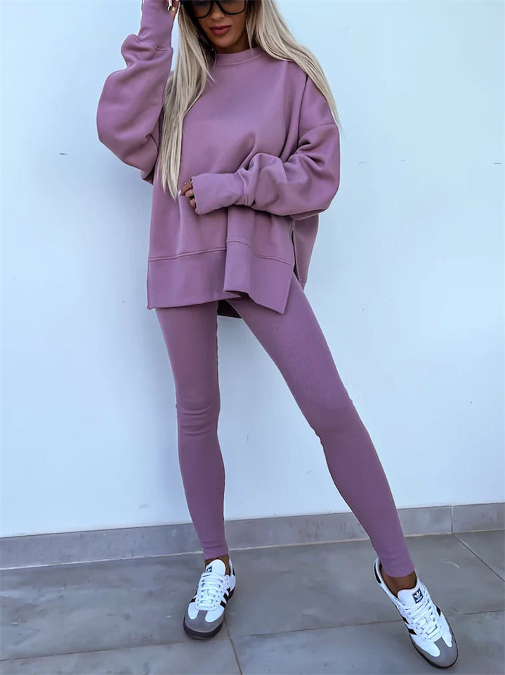 Women's Autumn Loose Solid Color Round Neck Split Hem Sweatshirts & Sweatpants Outfit