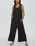 Relaxed U Neck Sleeveless Side Pocket Wide Leg Jumpsuit for Women