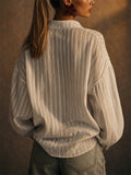 Women F‌rench Style Ruffle Bell Sleeve Button Down Striped Top