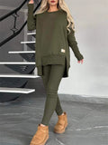 Women's Simple Casual Solid Color Round Neck  Asymmetric Hem Sweatshirts & Sweatpants Outfit