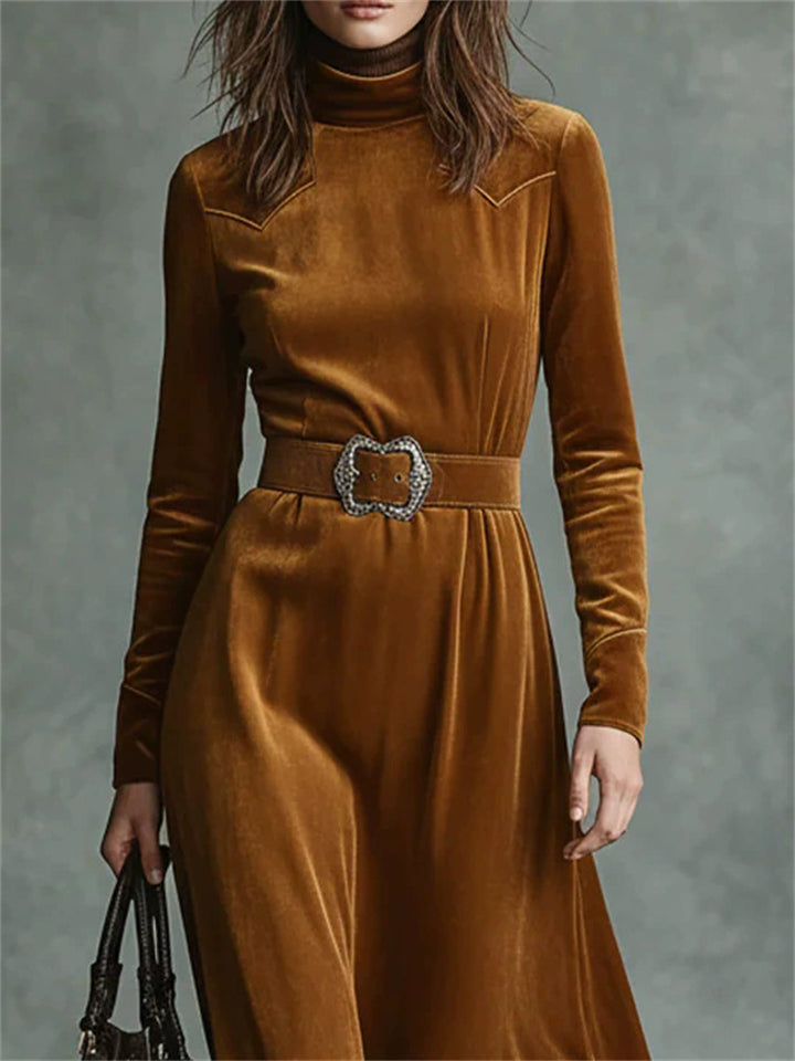 Elegant High Neck Brown Velvet Long Dress for Women with Belt