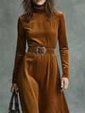 Elegant High Neck Brown Velvet Long Dress for Women with Belt