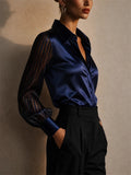 Women Satin Blouse Sheer Striped Mesh Sleeve Top