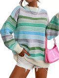 Women's Autumn Loose Rainbow Color Striped Round Neck Sweaters