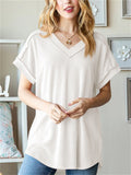 Women's Solid Color Pit Stripe V Neck Long Sleeve Shirts