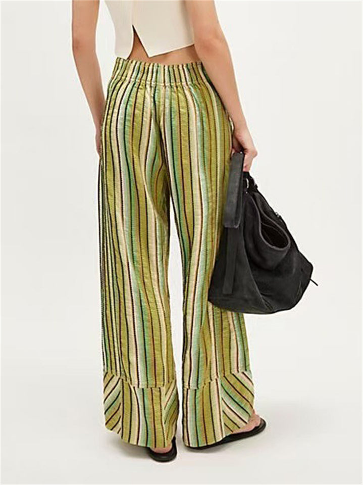 Women's Vintage Contrast Color Striped Elastic Waist Pants