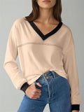 Women's Simple Contrast Trim V Neck Long Sleeve Sweatshirts