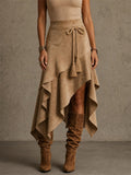 Women's Brown Suede Asymmetrical Ruffle Skirt