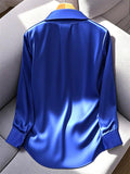 Women's Elegant Blue Solid Color V Neck Pullover Lapel Long Sleeve Blouses