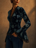 Women Vintage Floral Lace Trim V Neck Flare Sleeve Top