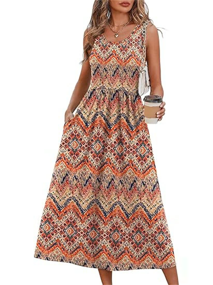 Women's Summer Boho Holiday Style Smocked Geometric Sleeveless Sundress