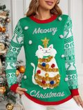 Women's Autumn Red Cartoon Kitten Jacquard Round Neck Christmas Sweaters
