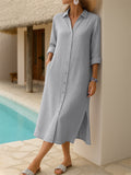Women's Elegant Solid Color Lapel Button Up Long Sleeve Shirt Dress