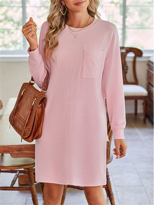 Women's Solid Color Stripe Round Neck Long Sleeve Dress
