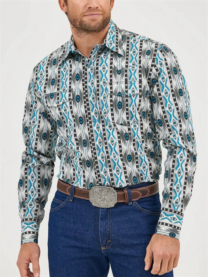 Men's Spring Western Aztec Print Button Up Long Sleeve Lapel Shirts