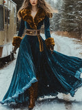 Autumn Blue Elegant Velvet Fluffy Trimmed Maxi Dress for Women