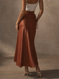 Women High Waist Satin Drawstring Flowy Silky Midi Skirt
