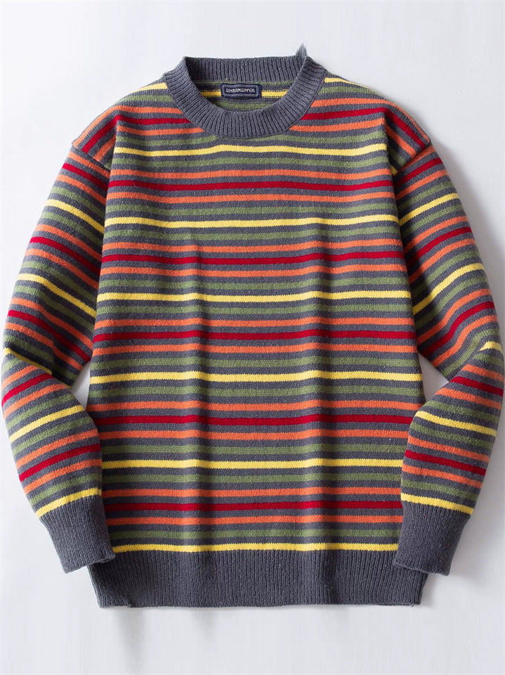 Men's Casual Autumn Contrast Color Striped Pullover Round Neck Sweaters