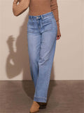 Women's Autumn Vintage Blue Front Pockets Straight Denim Pants