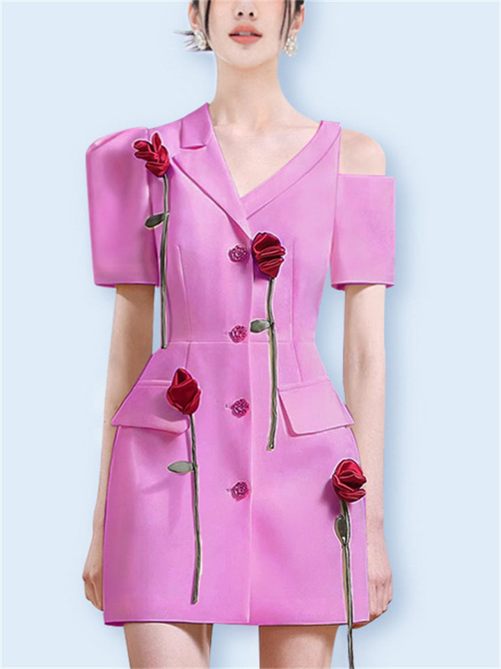 Women's 3D Flowers Short Sleeve Asymmetric Shoulder Suit Dress