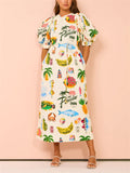 Female Cartoon Seafood Fruit Print Puff Sleeve Midi Dress