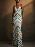 Women Crochet Zigzag Halter Backless Slim Fit Boho Beach Maxi Dress