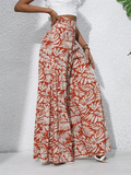 Women's Holiday Style Leaves Printed Chiffon High Waist Wide Leg Pants