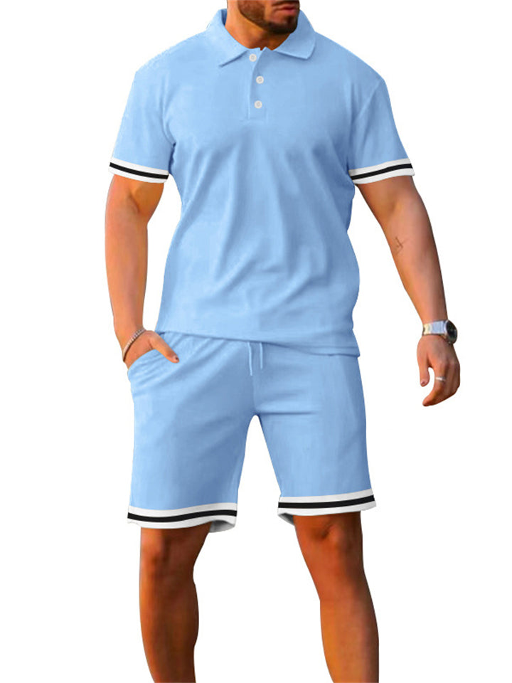 Men's Vacation Style Lapel Pullover Polo Shirt + Sport Shorts