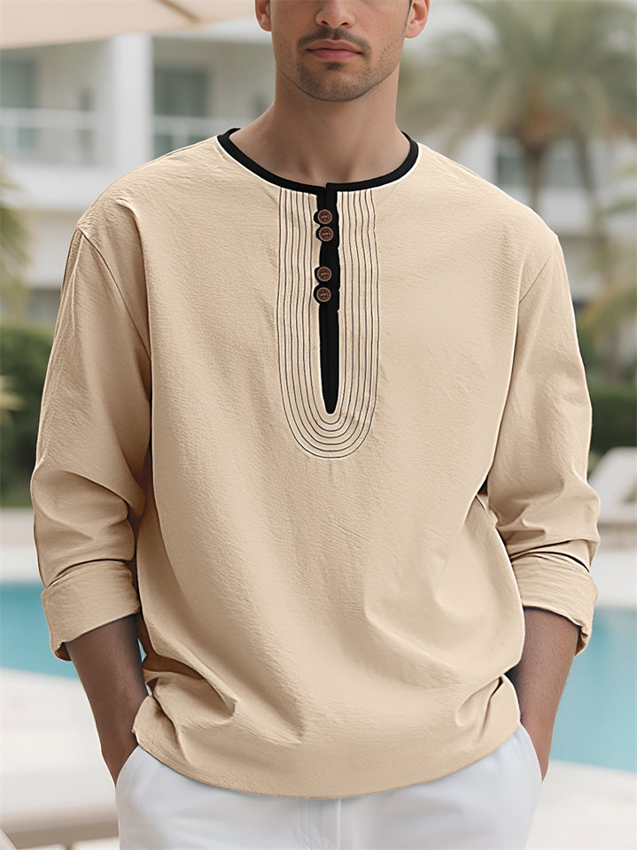 Men's Contrast Trim Cotton Linen Casual Long-sleeved Henry Shirts
