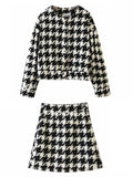 Women's 2Pcs Trendy Houndstooth Pattern Single Breasted Top & Mini Skirt Set