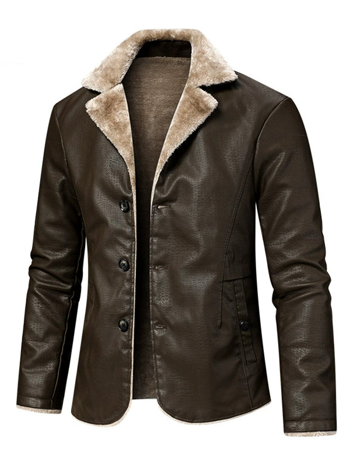 ‌Men's Winter Faux Leather Single Breasted Lapel Fleece Lined Jackets