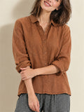 Women Casual Cotton Linen Button Down Long Sleeve Collared Shirt
