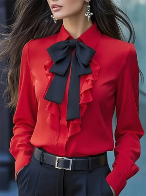 Ladies' Elegant Solid Color Lace-up Bow Ruffled Long Sleeve Blouses