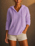 Women Fuzzy V Neck Soft Cozy Pullover Hoodie Top