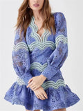 Hollow Trendy Puff Sleeve Patchwork Mini Dress for Lady