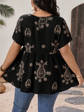 Plus Size Women's Summer Print V Neck Big Hem Short Sleeve Shirt