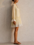 Women Lace Trim Long Sleeve V Neck Flowy Tunic Dress