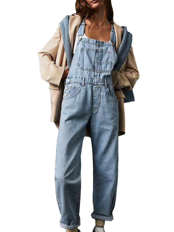 Women's Solid Color Pockets Denim Overall Jumpsuits