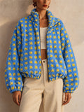 Women Casual Checkered Fleece Zip Up Oversized Teddy Jacket