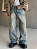 Men's Streetwear‌ Loose Fit Wash Distressed Jeans with Beads and Rhinestone